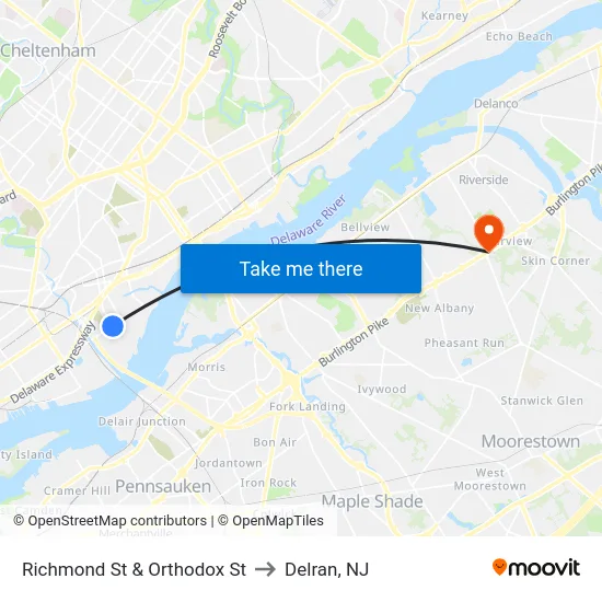 Richmond St & Orthodox St to Delran, NJ map