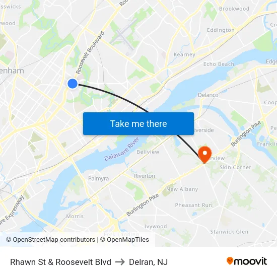 Rhawn St & Roosevelt Blvd to Delran, NJ map
