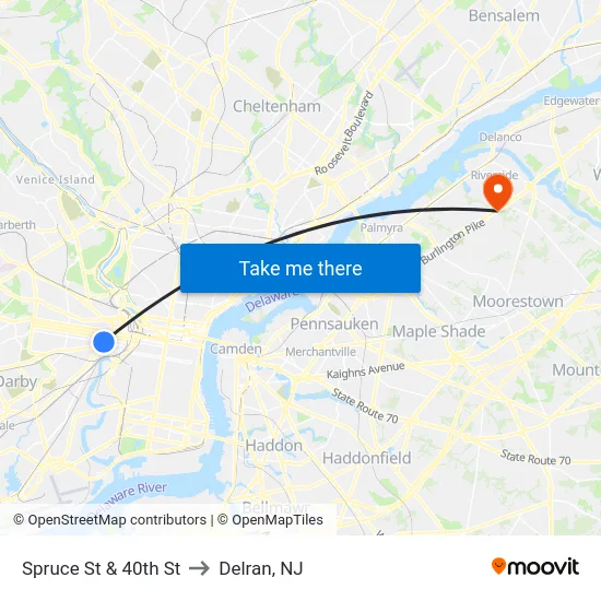 Spruce St & 40th St to Delran, NJ map