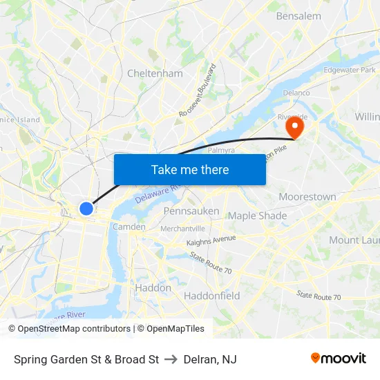 Spring Garden St & Broad St to Delran, NJ map