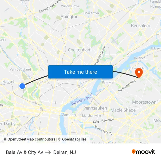 Bala Av & City Av to Delran, NJ map