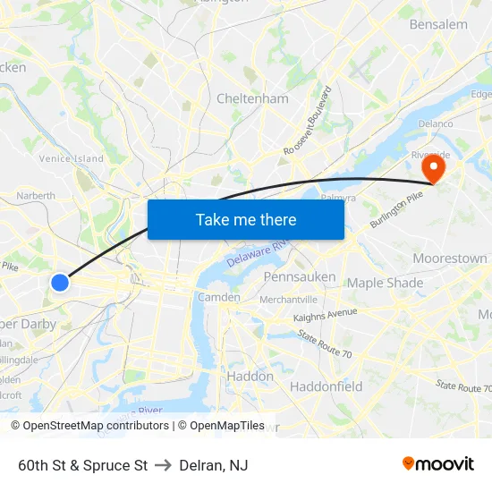 60th St & Spruce St to Delran, NJ map