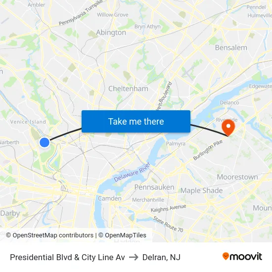Presidential Blvd & City Line Av to Delran, NJ map