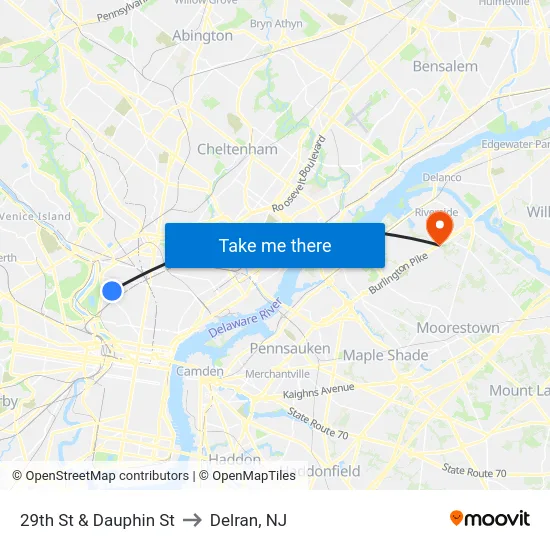 29th St & Dauphin St to Delran, NJ map