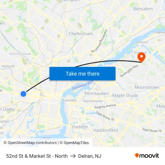 52nd St & Market St - North to Delran, NJ map