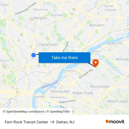 Fern Rock Transit Center to Delran, NJ map