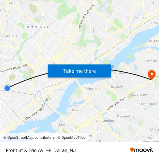 Front St & Erie Av to Delran, NJ map