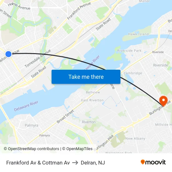 Frankford Av & Cottman Av to Delran, NJ map