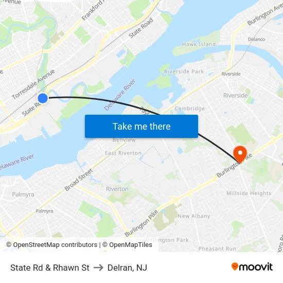 State Rd & Rhawn St to Delran, NJ map