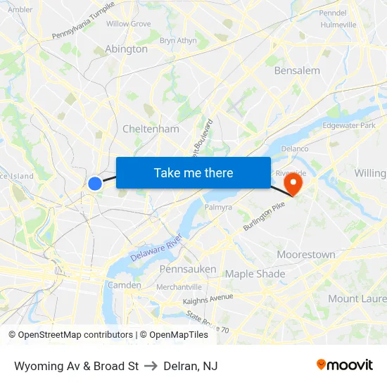 Wyoming Av & Broad St to Delran, NJ map