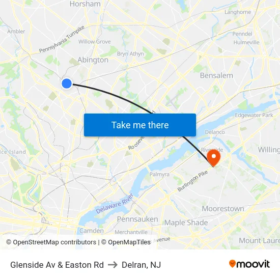 Glenside Av & Easton Rd to Delran, NJ map