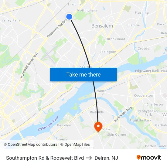 Southampton Rd & Roosevelt Blvd to Delran, NJ map