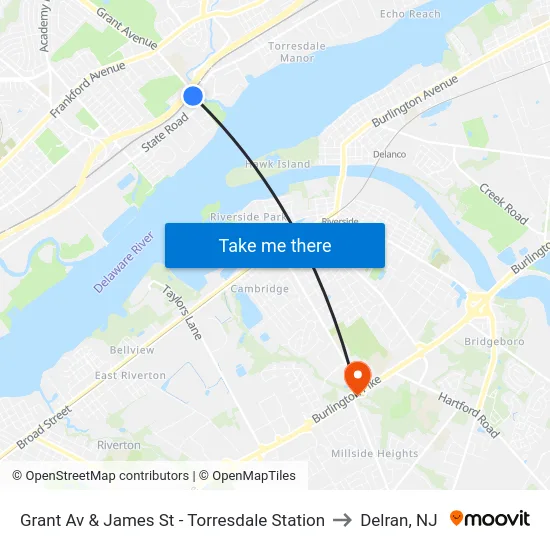 Grant Av & James St - Torresdale Station to Delran, NJ map