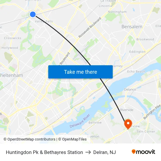 Huntingdon Pk & Bethayres Station to Delran, NJ map
