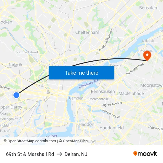 69th St & Marshall Rd to Delran, NJ map