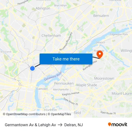 Germantown Av & Lehigh Av to Delran, NJ map