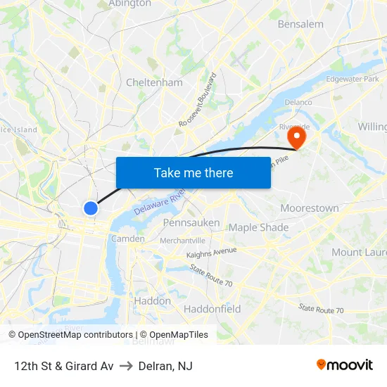 12th St & Girard Av to Delran, NJ map