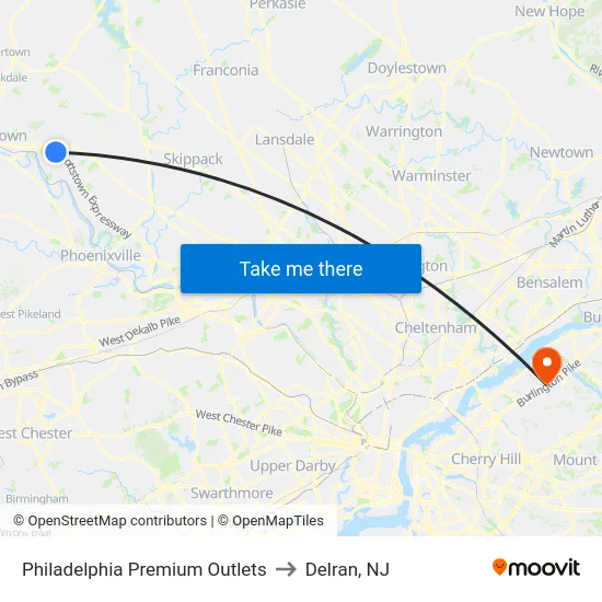 Philadelphia Premium Outlets to Delran, NJ map
