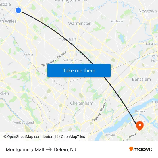 Montgomery Mall to Delran, NJ map