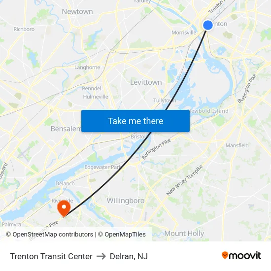 Trenton Transit Center to Delran, NJ map