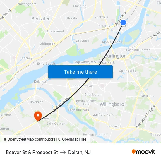 Beaver St & Prospect St to Delran, NJ map