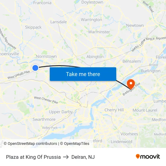 Plaza at King Of Prussia to Delran, NJ map