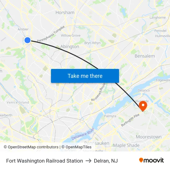 Fort Washington Railroad Station to Delran, NJ map