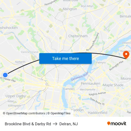 Brookline Blvd & Darby Rd to Delran, NJ map