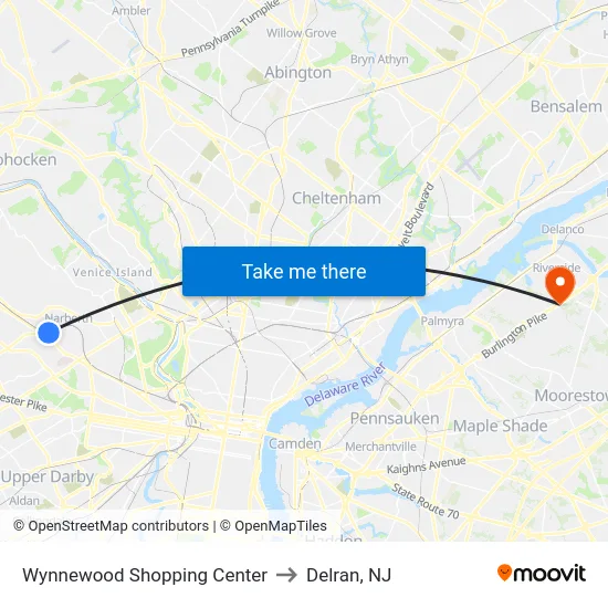 Wynnewood Shopping Center to Delran, NJ map