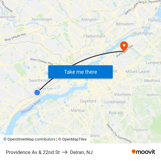 Providence Av & 22nd St to Delran, NJ map