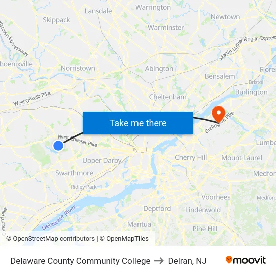 Delaware County Community College to Delran, NJ map
