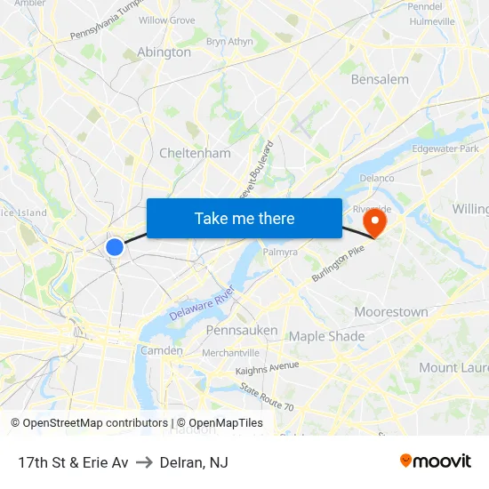 17th St & Erie Av to Delran, NJ map