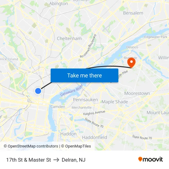 17th St & Master St to Delran, NJ map
