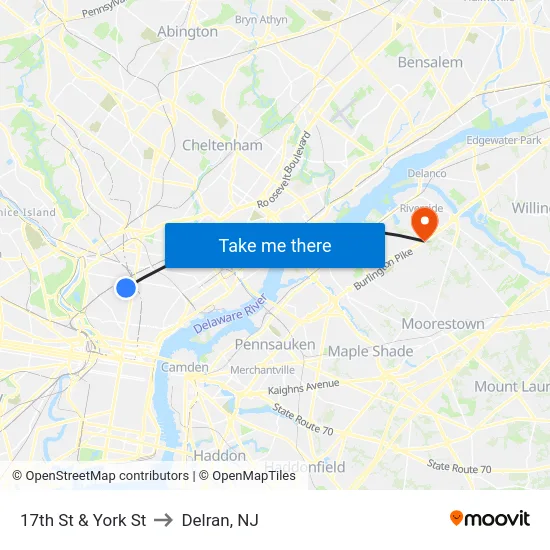 17th St & York St to Delran, NJ map