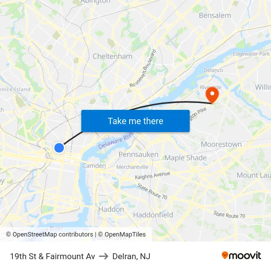 19th St & Fairmount Av to Delran, NJ map