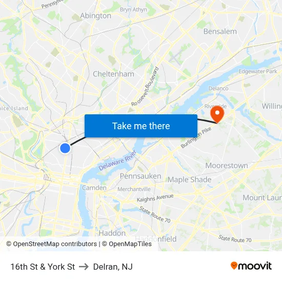 16th St & York St to Delran, NJ map