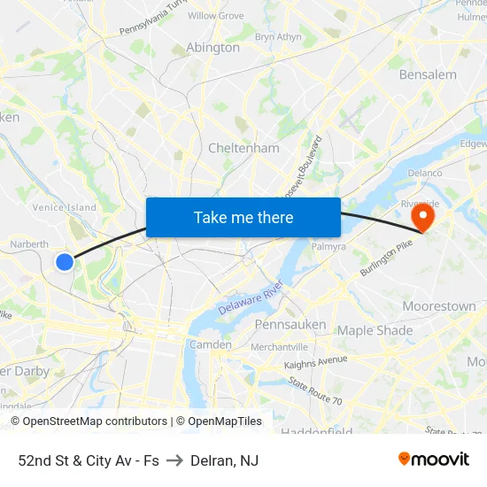 52nd St & City Av - Fs to Delran, NJ map