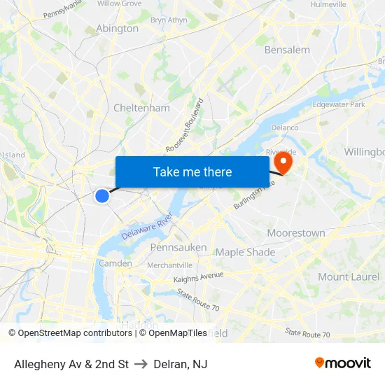 Allegheny Av & 2nd St to Delran, NJ map