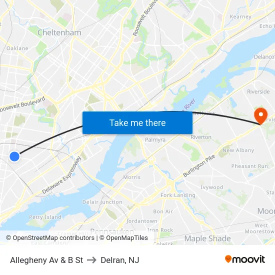 Allegheny Av & B St to Delran, NJ map