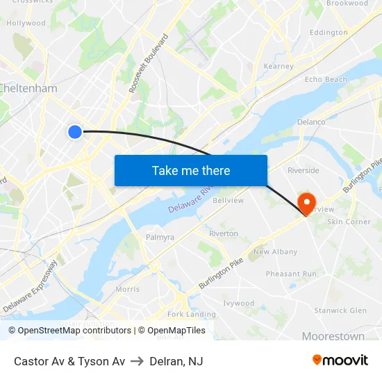 Castor Av & Tyson Av to Delran, NJ map