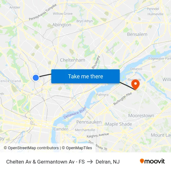 Chelten Av & Germantown Av - FS to Delran, NJ map