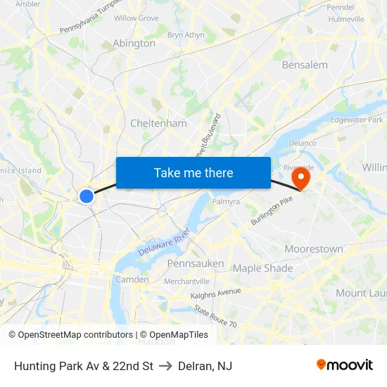 Hunting Park Av & 22nd St to Delran, NJ map