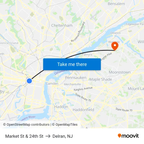 Market St & 24th St to Delran, NJ map
