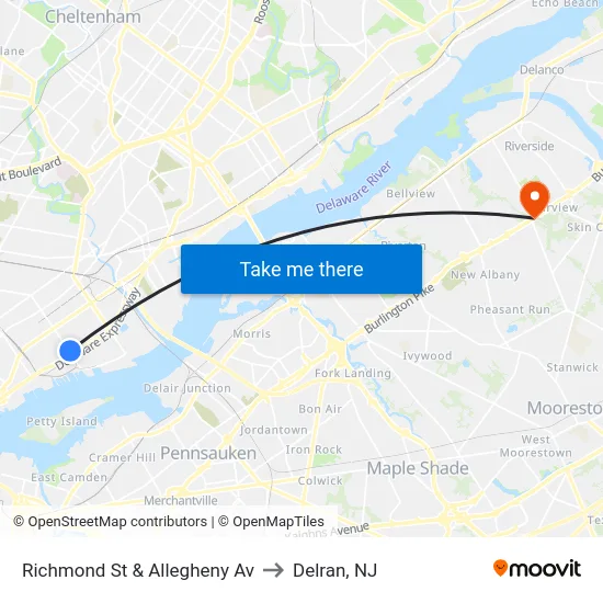 Richmond St & Allegheny Av to Delran, NJ map