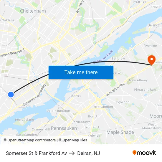 Somerset St & Frankford Av to Delran, NJ map