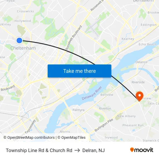 Township Line Rd & Church Rd to Delran, NJ map