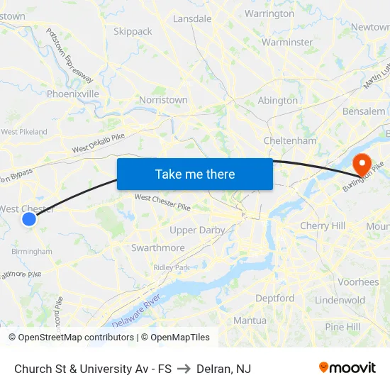 Church St & University Av - FS to Delran, NJ map