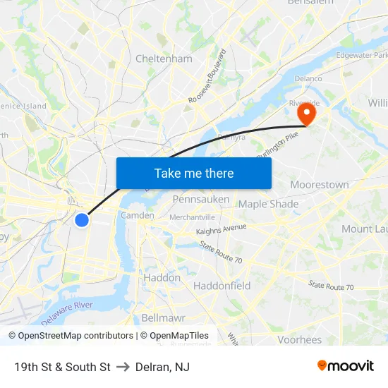 19th St & South St to Delran, NJ map
