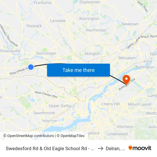Swedesford Rd & Old Eagle School Rd - Mbns to Delran, NJ map