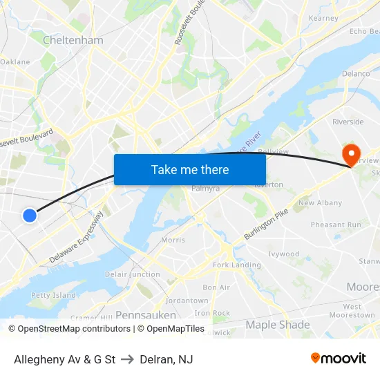 Allegheny Av & G St to Delran, NJ map